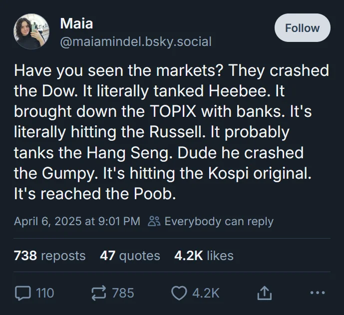Poob Has It For You — Bluesky post by Maia applying the Poob format to stock market crashes