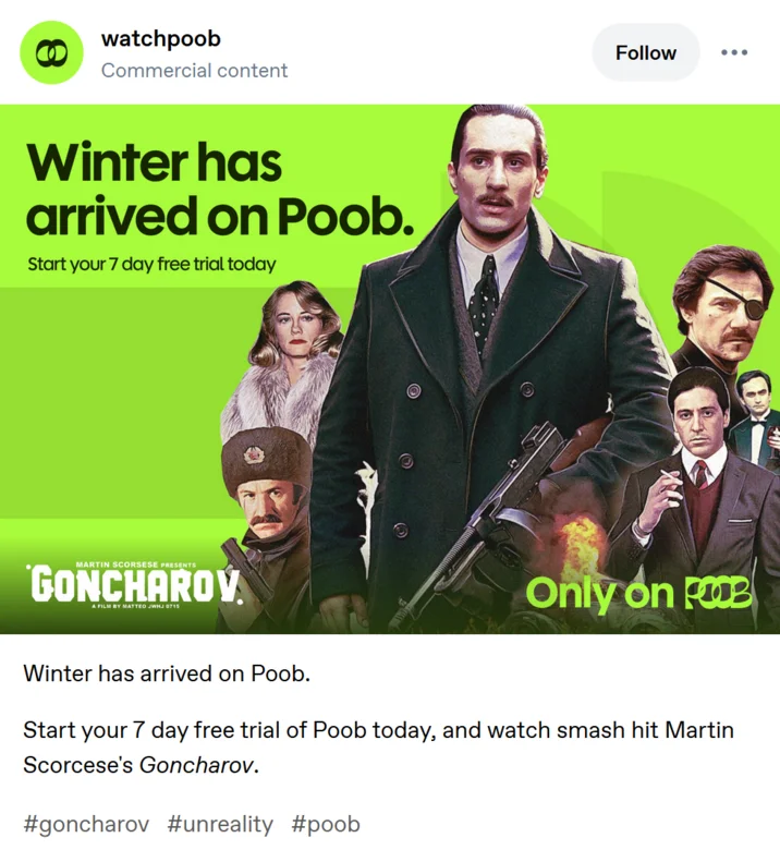 Poob Has It For You — Fake Poob streaming ad promoting Goncharov as a Poob original