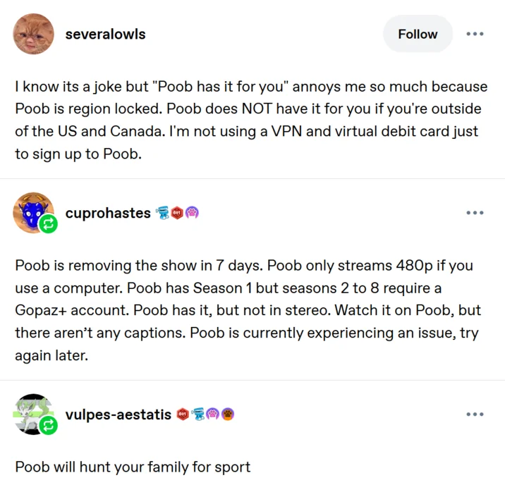 Poob Has It For You — Tumblr thread with multiple replies parodying streaming service complaints about Poob