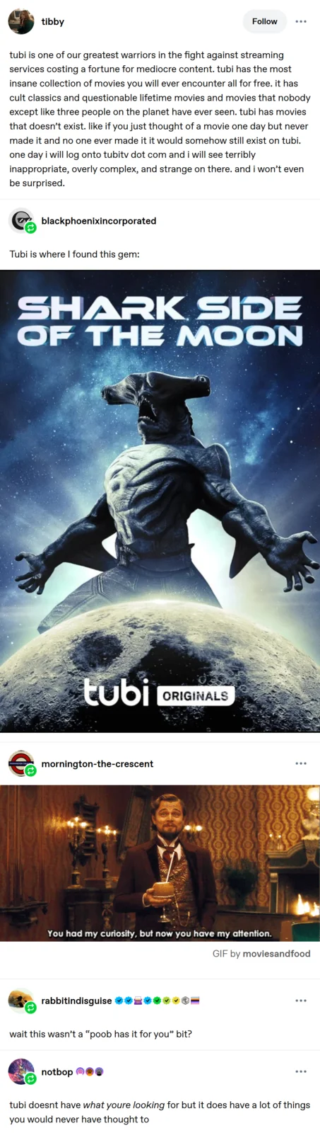 Poob Has It For You — Tumblr thread about Tubi streaming service and Shark Side of the Moon crossover with Poob meme