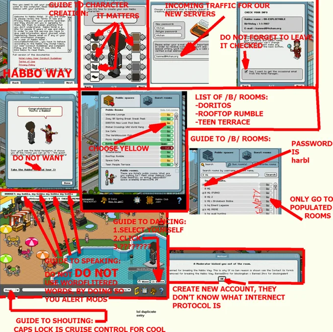 Pool's Closed — Infographic with red text and arrows explaining 4chan's instructions for raiding Habbo Hotel