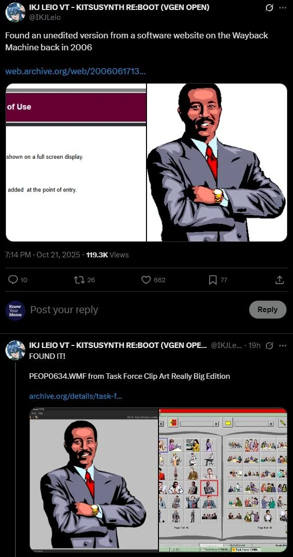 Tweet thread revealing the Pool's Closed image was traced from clip art file PEOP0634.WMF