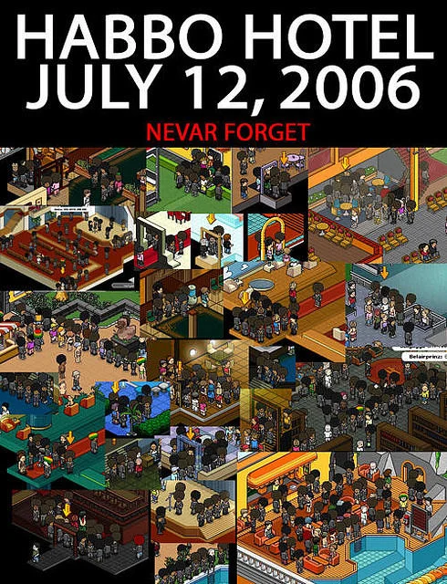 Pool's Closed — Commemorative collage of Habbo Hotel raid screenshots labeled July 12 2006 Nevar Forget