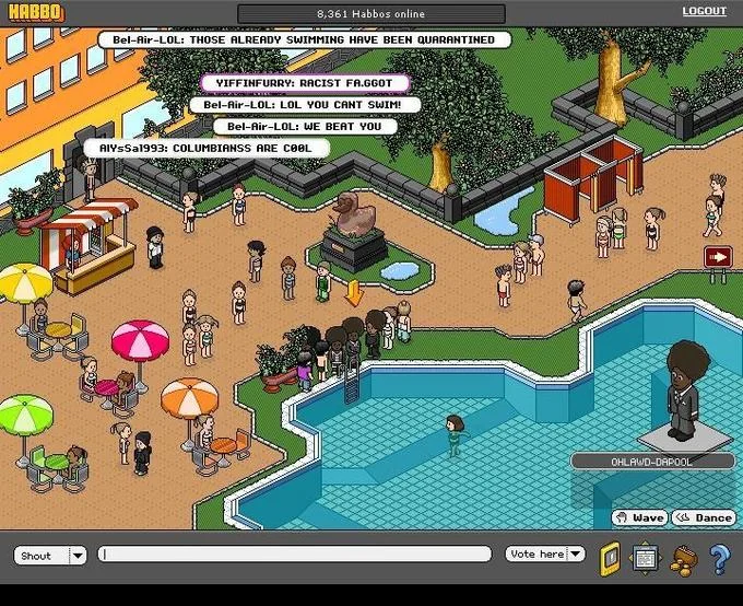 Pool's Closed — Habbo Hotel game screenshot with afro-suited avatars blocking access to the pool during a raid