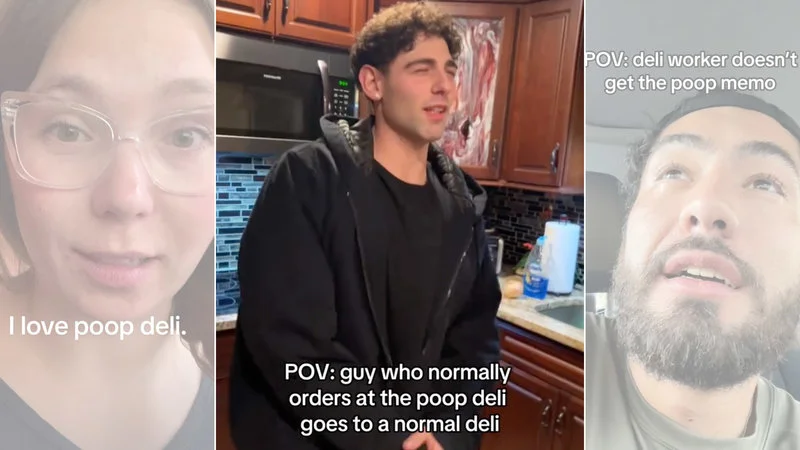 A three-panel TikTok meme screenshot with POV perspectives on the Poop Deli meme showing humorous confusion between poop deli and normal deli.