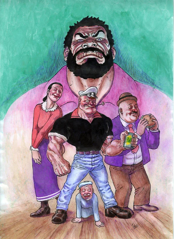 Popeye The Sailor Man — Fan-art group scene featuring Popeye, Olive Oyl, Wimpy, Swee'Pea and a huge Bluto