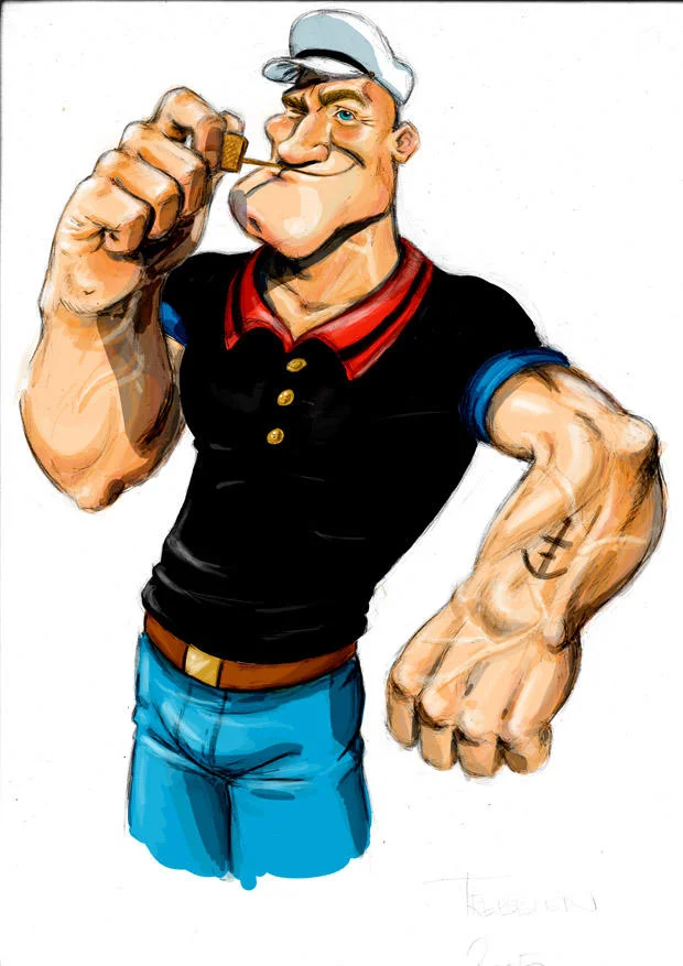 Popeye The Sailor Man — Modern realistic illustration of Popeye with pipe and anchor tattoo