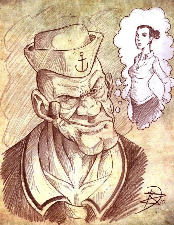 Popeye The Sailor Man — Pencil sketch of an older, grizzled Popeye thinking about Olive Oyl