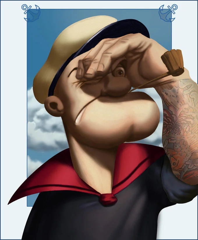 Popeye The Sailor Man — Photorealistic painted portrait of Popeye saluting with his tattooed arm