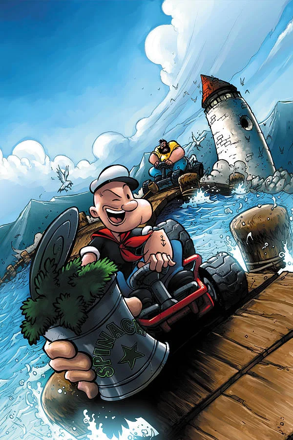 Popeye The Sailor Man — Comic art of Popeye on an ATV holding a spinach can with Bluto chasing behind