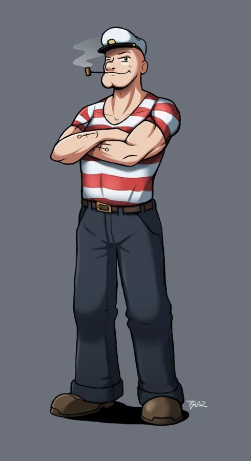Popeye The Sailor Man — Full-body fan art of Popeye in a striped shirt, arms crossed, smoking his pipe