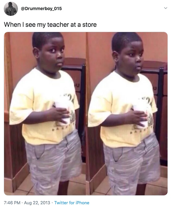 Twitter post by Drummerboy_015 with two side-by-side images of the Popeyes Kid captioned 'When I see my teacher at a store'