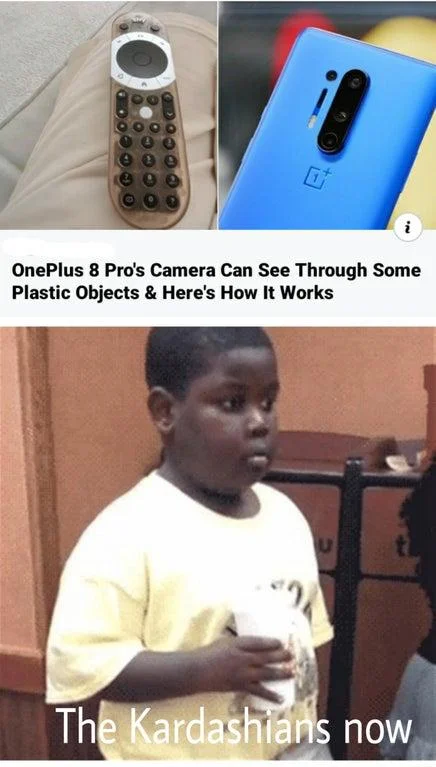 Meme combining OnePlus 8 Pro news article with Popeyes Kid labeled 'The Kardashians now'