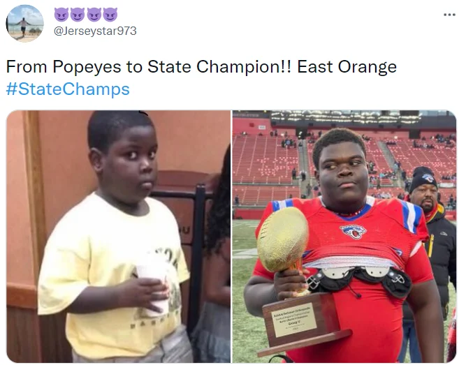 Tweet comparing young Popeyes Kid photo with Dieunerst Collin as a grown state champion football player holding trophy