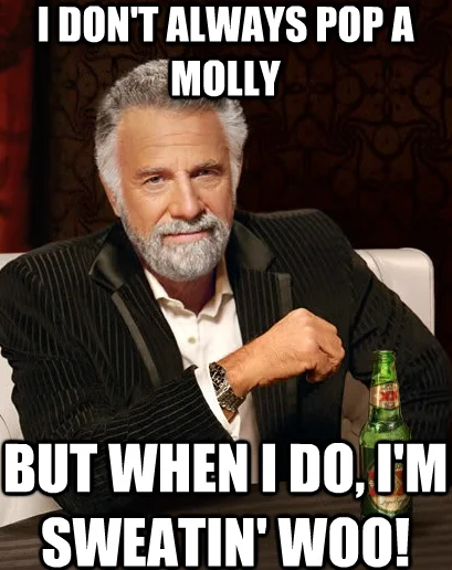 Popped A Molly Im Sweatin — The Most Interesting Man in the World character in business casual attire with the sweating meme's catchphrase.