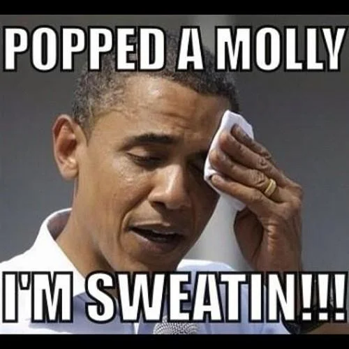 Popped A Molly Im Sweatin — Former President Obama shown in close-up with beads of sweat on his face expressing discomfort.