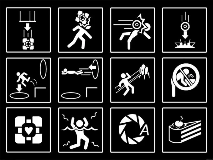 Portal — Grid of white Aperture Science pictograms including companion cube, turrets, and cake