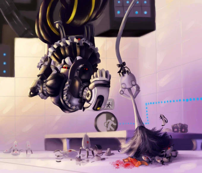 Portal — Dark fan art showing monstrous GLaDOS looming over broken turrets and cake
