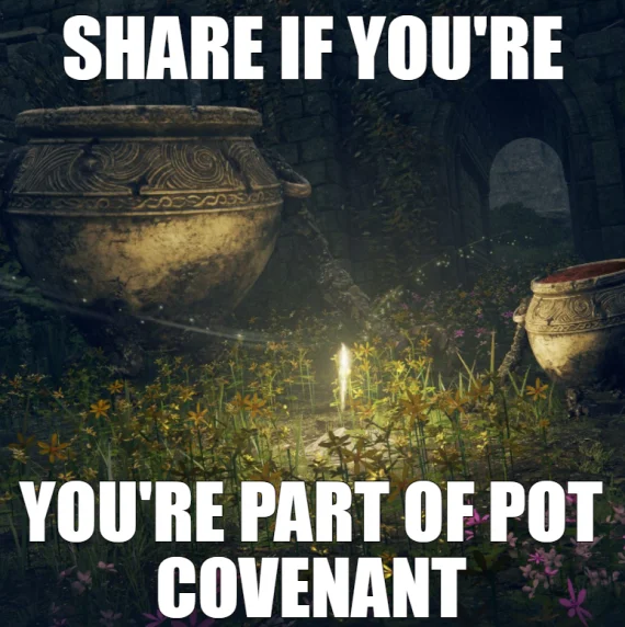Pot Boy Pot Friend — A dark fantasy landscape showing multiple ornate pots with text overlay 'SHARE IF YOU'RE PART OF POT COVENANT'.