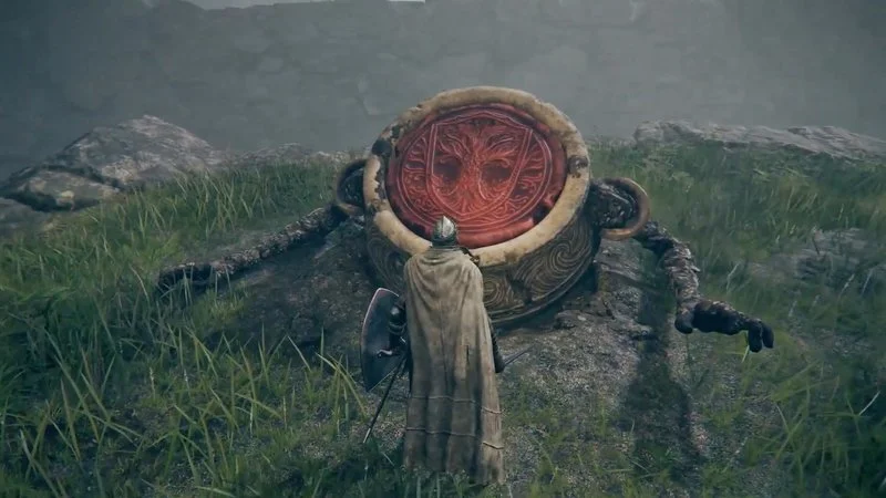 Pot Boy Pot Friend — A direct in-game screenshot from Elden Ring showing an iconic Living Jar enemy with golden-brown ceramic vessel and red runic markings.