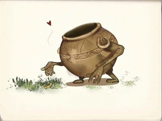 Pot Boy Pot Friend — A cute illustration of a clay pot with arms, legs, and decorative rim standing in a grassy setting.