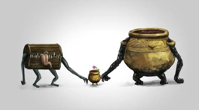 Pot Boy Pot Friend — A charming illustration of three sentient pots of varying sizes appearing to hold hands or interact together.