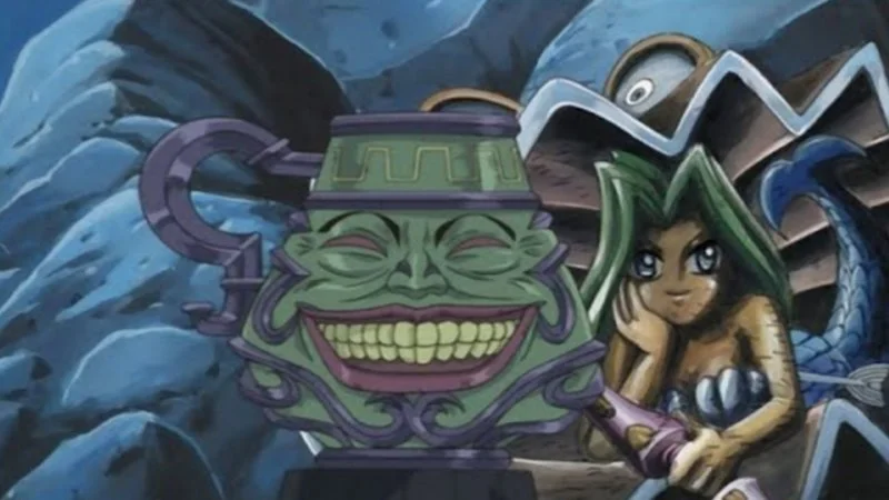 An anime screenshot from Yu-Gi-Oh depicting Pot of Greed as an oversized green grinning pot-faced idol with a seated character.