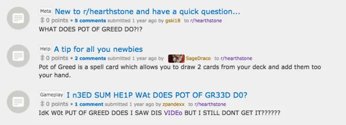 A Reddit screenshot showing three posts from r/hearthstone with repeated confusion about what Pot of Greed does.