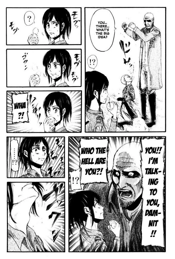 Potato Girl — Manga page depicting Sasha Braus eating a potato while being scolded by a bald officer.