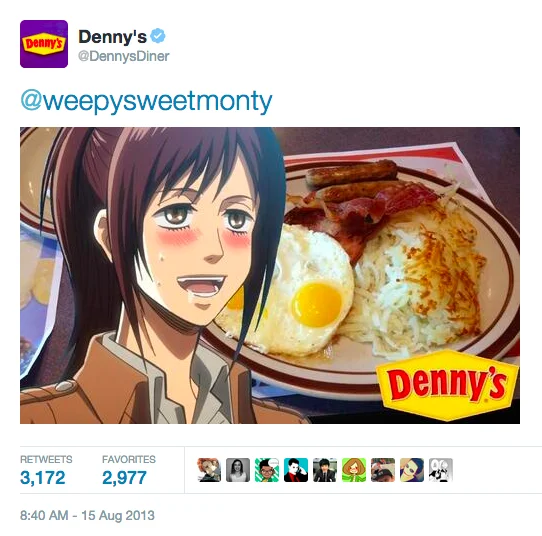 Potato Girl — Denny's official tweet reply with an image of Sasha Braus next to a Denny's breakfast plate.