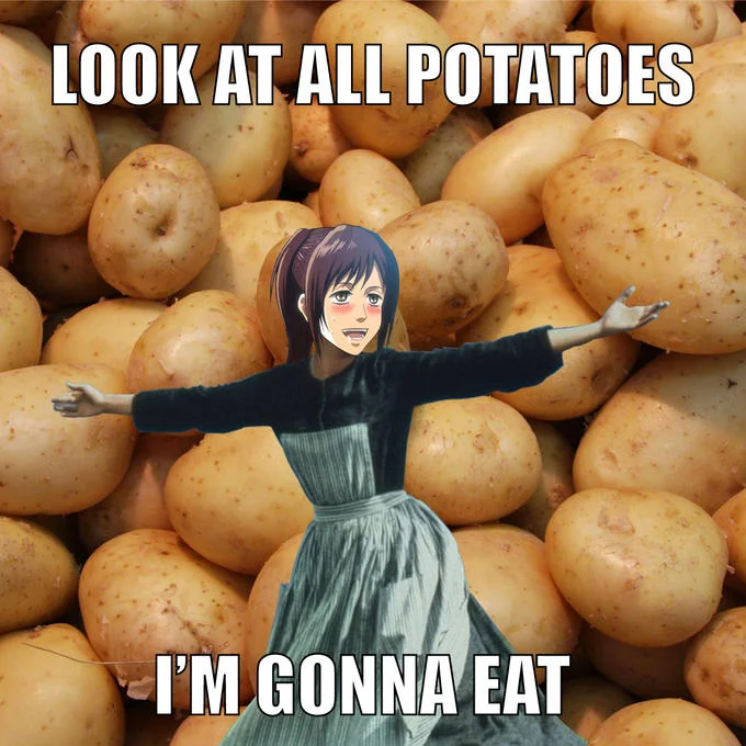 Potato Girl — Sasha Braus in an apron on a pile of potatoes with caption 'Look at all potatoes I'm gonna eat.'