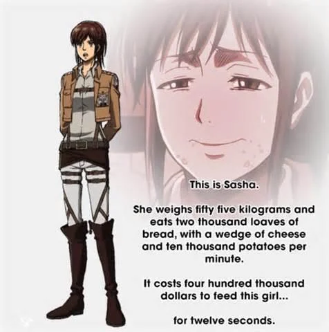 Potato Girl — Infographic-style meme about Sasha Braus's enormous appetite for potatoes and bread.