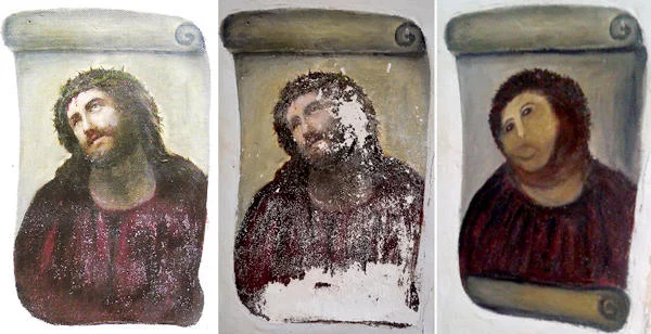 Potato Jesus — A three-panel comparison showing the original Ecce Homo fresco, deteriorated version, and Cecilia Jiménez's botched amateur restoration.