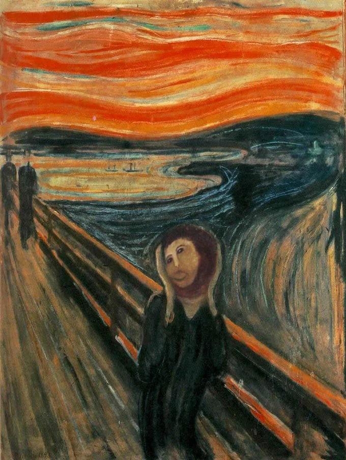 A photoshop mashup replacing the face in Munch's 'The Scream' with the Potato Jesus face against the original swirling background.