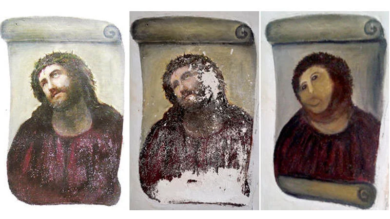 Potato Jesus — A three-panel comparison of the original Ecce Homo, deteriorated state, and Cecilia Jiménez's cartoonish amateur restoration.