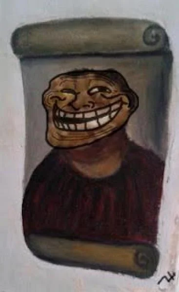 A photoshop edit combining the Potato Jesus fresco frame with a Trollface meme replacing the original face.