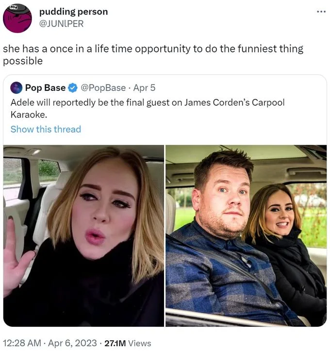 Potential to Do the Funniest Thing of All Time — Tweet reading 'she has a once in a life time opportunity to do the funniest thing possible,' quoting news that