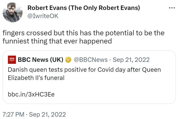 Potential to Do the Funniest Thing of All Time — Tweet from Robert Evans saying 'fingers crossed but this has the potential to be the funniest thing that ever