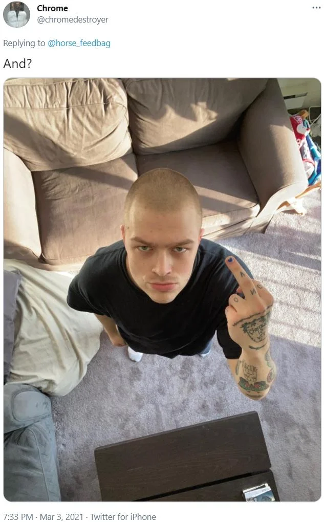 POV You're — An overhead shot of a young man lying down and looking at camera with sparse text reading 'And?'.