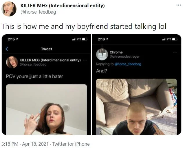 POV You're — A Twitter conversation screenshot showing the POV meme format with the hater post and response image pairing.