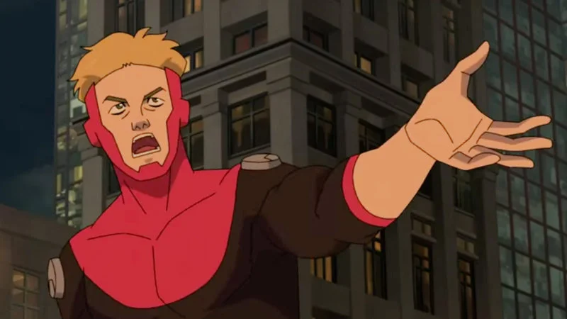 Powerplex Speech Invincible Title Card — Powerplex, an animated character with orange hair and red clothing, stands in an aggressive ranting pose with arm