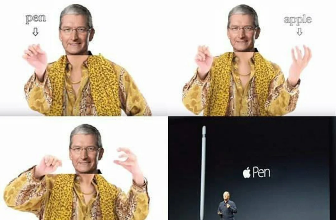 Pen Pineapple Apple Pen — A collage grid mixing Piko Taro in his gold jacket with text labels and Apple product screenshots, blending PPAP with technology