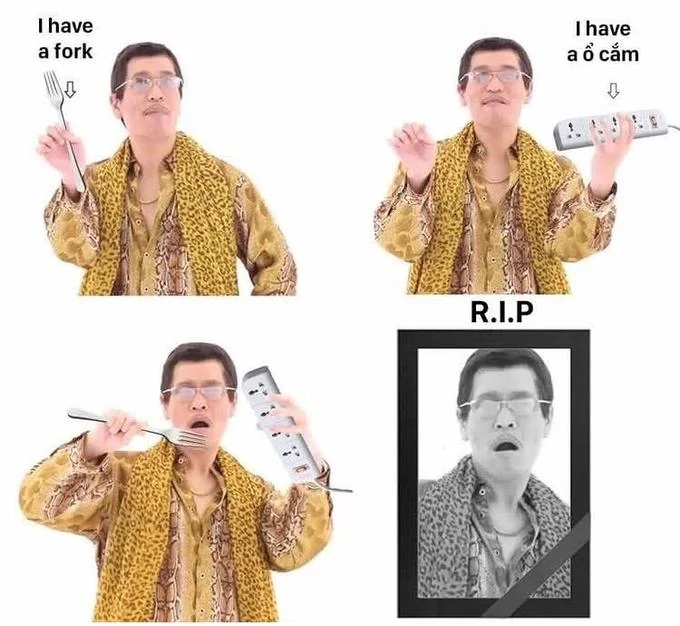 Pen Pineapple Apple Pen — A three-panel meme using Piko Taro with captions 'I have a fork' and Vietnamese text, followed by a grayscale death portrait, using
