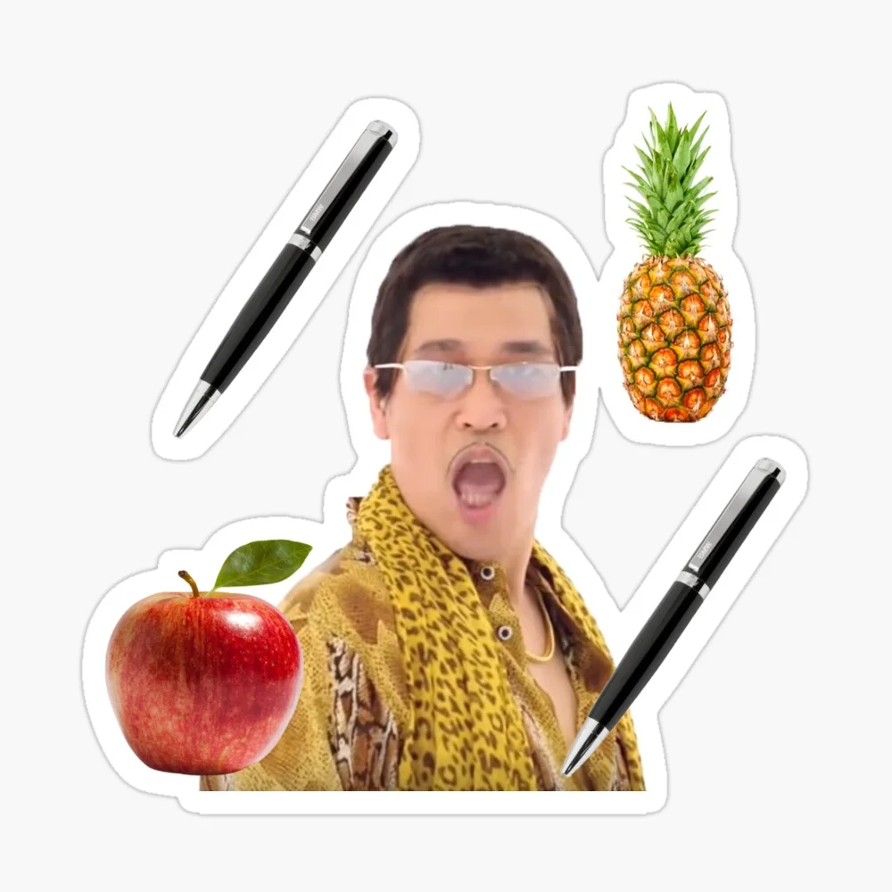 Pen Pineapple Apple Pen — A die-cut sticker-style image of Piko Taro in his gold patterned jacket and glasses, centered with a pen, pineapple, and apple