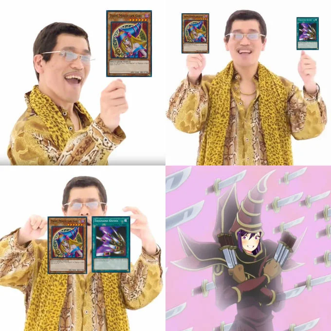 Pen Pineapple Apple Pen — A four-panel grid showing Piko Taro in his gold jacket holding various Yu-Gi-Oh and anime trading cards, with an anime character