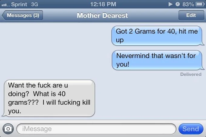 Pranking — iPhone text prank screenshot to Mom about drug deal