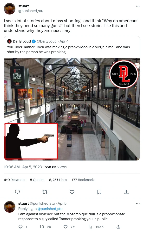 Pranking — Twitter screenshot about YouTuber Tanner Cook being shot during a prank