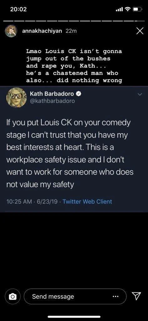 "Praxis" Girl — Instagram story from Anna Khachiyan responding to a Kath Barbadoro tweet about Louis CK