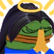 A Prayge emote variant featuring Pepe in praying position wearing a black cowboy hat with yellow prayer hands on dark background.