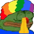 A Prayge variant showing Pepe with rainbow colorful effects and yellow prayer hands element on dark background.